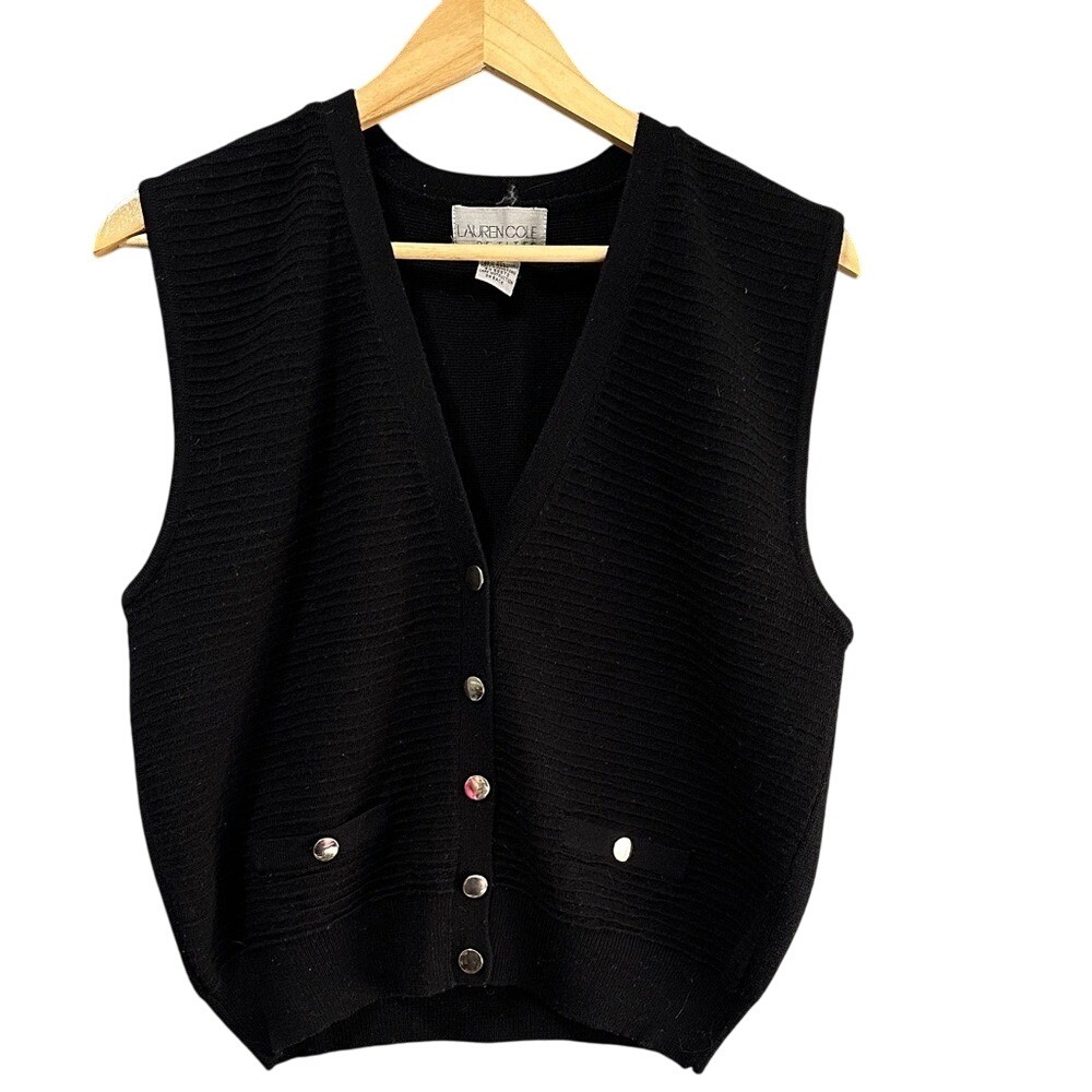 Lauren Cole Sweater Vest Women M Black Ribbed Button Front Wool Blend Petite